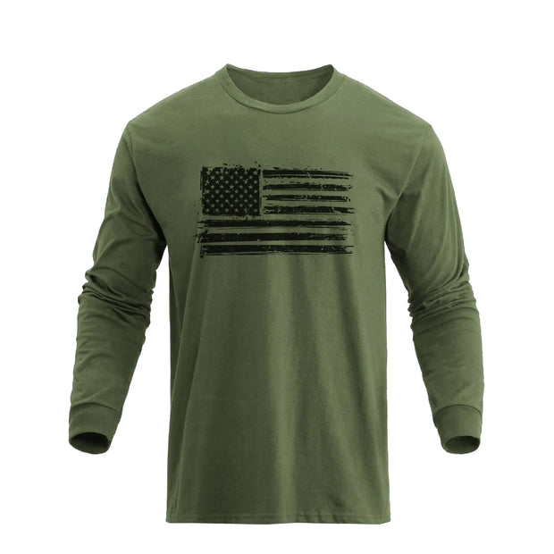 H HYFOL Mens Graphic T-Shirts USA Flag 100% Cotton Long Sleeve American Patriotic Crewneck Regular Tee Shirts(Army GreenS)